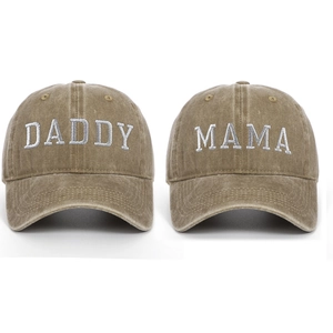 Detailed close-up of Daddy and Mama 3D embroidery on washed cotton baseball caps