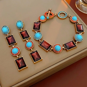 Vintage Bohemian Jewelry Alloy Rhinestone Acrylic Earrings With Silver Earring Post And T-Bar Bracelet For Women Retro