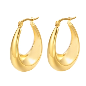 Polished golden stainless steel teardrop hoop earrings with high-shine finish and clasp closure