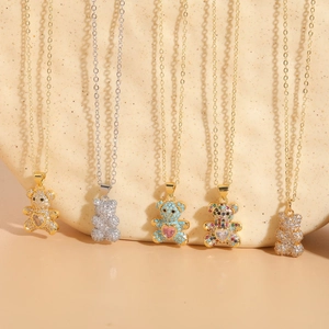 Bear Pendant Necklace Copper With Heart Zircon Pave Fashion Elegant Jewelry For Women