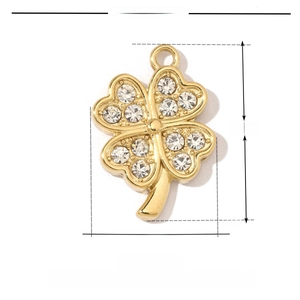 Macro detail of gold stainless steel four-leaf clover pendant with zircon dimensions