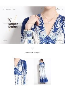 Detail of V-neckline with buttons and back view of blue floral print maxi dress