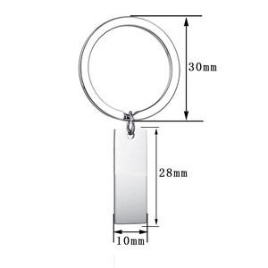 Polished stainless steel rectangular keychain pendant showing 28mm by 10mm dimensions