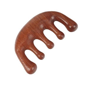 Deep brown sandalwood 5-tooth scalp massage comb with natural wood grain for therapy