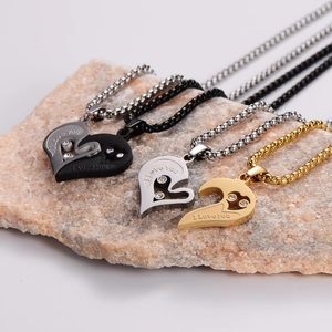 Couples heart pendant necklaces in black gold and silver with rhinestones and engraving
