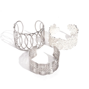 Three-piece silver hollow geometric and floral pattern open cuff bracelet set for women