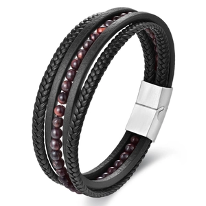 Men's double-layer braided black leather bracelet with red beads and silver magnetic clasp