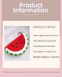 Detail of watermelon plush coin purse showing soft crystal fabric and zipper closure