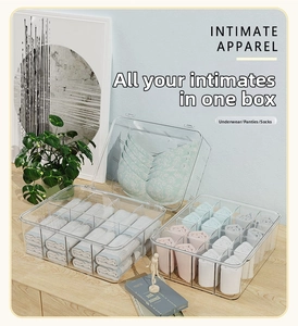 Stackable transparent organizers for bras, panties and socks on a wooden shelf