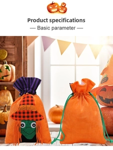 Detail of Halloween drawstring gift bags with cartoon witch design and orange velvet texture