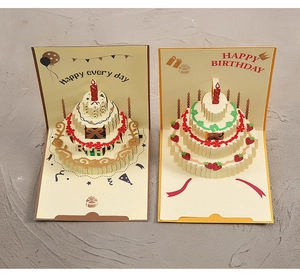 Detailed top view of 3D pop-up birthday cards featuring multi-layered cake designs