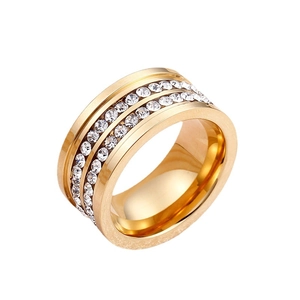 Double Row Cubic Zirconia Stainless Steel Ring Fashion Wide Band Promise Couple Wedding Jewelry For Women Men