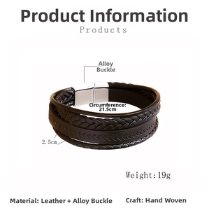 Macro detail of multi-layer black woven leather bracelet with silver alloy magnetic buckle