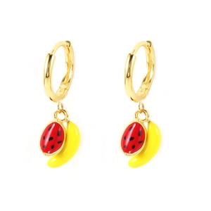 Detail of S925 silver gold-plated earrings with red ladybug and yellow banana charms