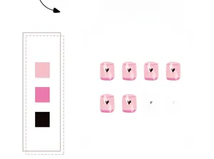 Détail de faux ongles courts avec base rose semi-transparente et motifs de cœurs noirs