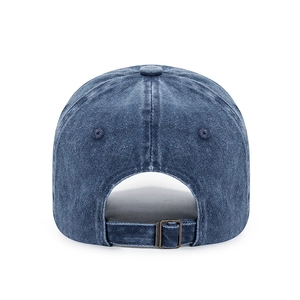 Rear view of vintage washed navy blue denim baseball cap with adjustable metal buckle