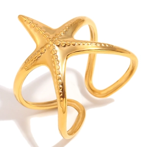 Bague étoile de mer ajustable en acier inoxydable plaqué or 18 carats style océan