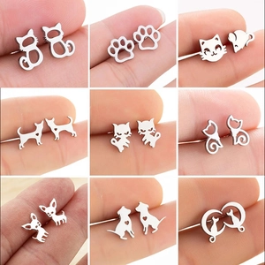Cute Stainless Steel Animal Stud Earrings For Women Hollow Cat Dog Paw Print Minimalist Silhouette Jewelry Gift