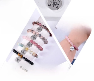 Detailed grid of natural stone bracelets with compass pendants and symbolic meanings
