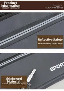 Close-up of waterproof nylon waist bag showing reflective safety strip and SPORT logo