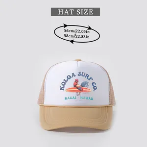 Size chart showing head circumference 56-58cm for the Koloa Surf trucker hat with mesh