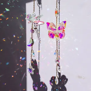 Crystal Butterfly Dragonfly Suncatcher Hanging Ornament Gold Metal Chain Prism Rainbow Maker Window Garden Decor