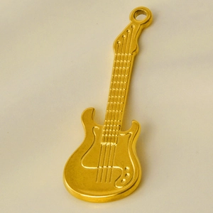 Macro shot showing detail of a gold-plated 304 stainless steel guitar-shaped punk pendant