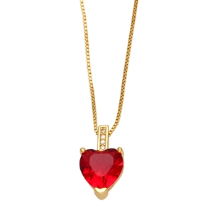 Collier cœur doré avec pendentif en zircon rouge et accents de diamants brillants