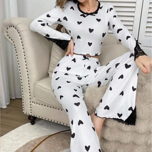 Women Ribbed Heart Print Pajama Top And Pants Lace Trim Bow Round Neck Long Sleeve Loungewear Casual Soft Sleepwear Comfort