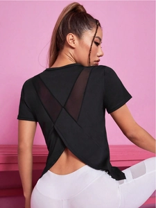 Haut de Yoga Respirant et Ample pour Femme T-Shirt de Fitness à Séchage Rapide Dos Croisé en Maille Course à Pied Vêtements de Sport à Manches Courtes