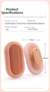 Detailed view of pink silicone bath brush with soft bristles and dimensions 110x64x35mm