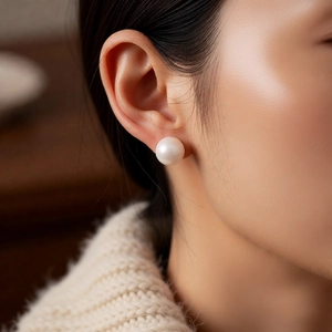 Close-up of model wearing large round white pearl earrings with an elegant minimalist design