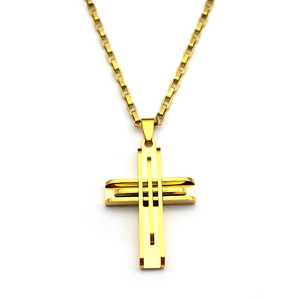 Collier avec pendentif croix évidée à double couche en acier inoxydable doré poli