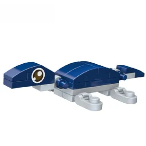 Detailed close-up of a blue and white building block dinosaur toy on a clean white background