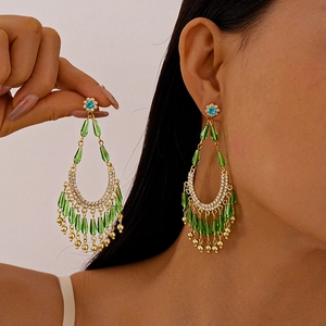 Bohemian Long Tassel Drop Earrings Green Rhinestone Glass Beads Alloy With Silver Earring Post Vintage Elegant Women