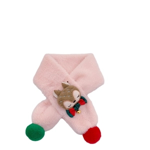 Pink winter plush scarf for kids with a cute cartoon reindeer and colorful pom-poms