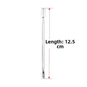 Detail showing 12.5cm stainless steel cuticle pusher with non-slip handle and dual heads