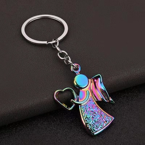 Rainbow metal angel heart keychain with polished iridescent finish and silver key ring
