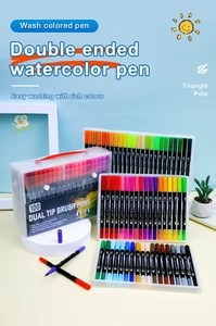 Set of 100 dual tip watercolor pens in a transparent case with rainbow colors