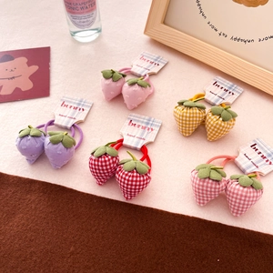 Set of 5 Korean style strawberry fabric hair ties in assorted colors with plaid patterns