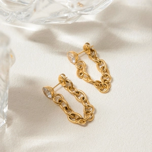 18K gold plated stainless steel tassel earrings with white zircon cuban chain design