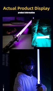 Detail view of colorful LED lightsaber toy with purple, cyan, and ice blue glowing blades