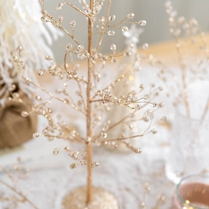 Champagne gold Christmas decorative branch with crystalline beads for festive home table decor
