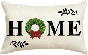 Christmas linen pillowcase with HOME print and a green leaf wreath with red bow