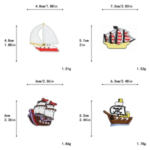 Detailed size chart for nautical pirate ship and sailboat embroidery iron-on patches