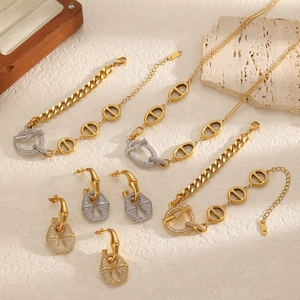 Luxury stainless steel jewelry set featuring zircon earrings, necklace, and bracelet