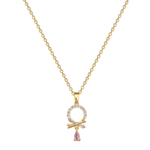 Elegant gold necklace set with full diamond circle and pink teardrop gemstone pendant