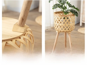Detail of Nordic bamboo woven planter with wooden tripod legs and easy screw-in assembly