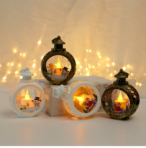 Retro Christmas lanterns with warm LED candles featuring snowmen and Santa Claus