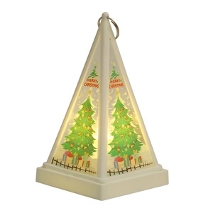 Pyramid Christmas LED lantern decoration with warm light and festive graphics on white background